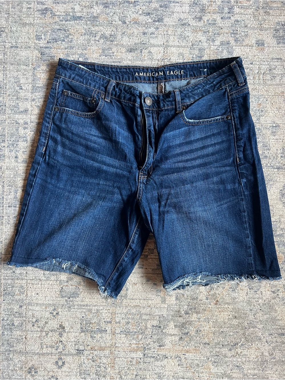 American Eagle Outfitters Indigo Frayed Hem Denim Shorts - Bermuda Length